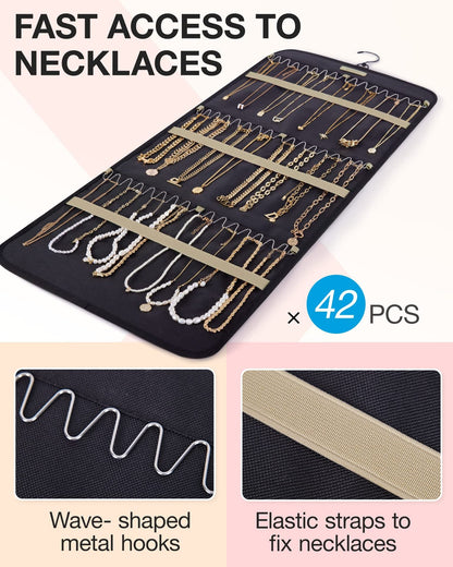 Black Hanging Jewelry Organizer - Closet Storage for Necklaces, Earrings, and Rings with Clear Pockets(14*33inch)