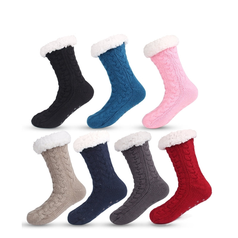 Grey  Women's Fuzzy Slipper Socks - Warm Fleece Lined Thermal Cable Knit Socks with Non-Slip Grips