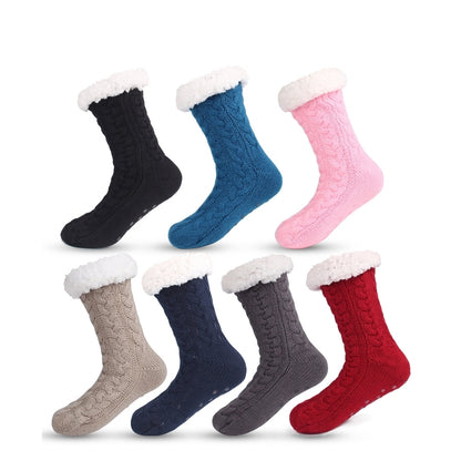 Red  Women's Fuzzy Slipper Socks - Warm Fleece Lined Thermal Cable Knit Socks with Non-Slip Grips