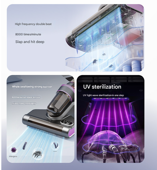 White Advanced Cordless UV-C Dust Mite Vacuum - Handheld Cleaner with Hot Air, Pulsating Pads & LED Display.