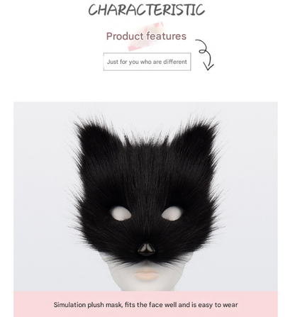 Black and white Halloween Furry Fox Costume Set - Plush Mask, Ears Headband, Tail, and Paws for Cosplay