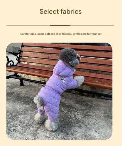 Orange Warm Puffer Dog Coat - Waterproof Four-Legged Winter Jumpsuit for Small Dogs