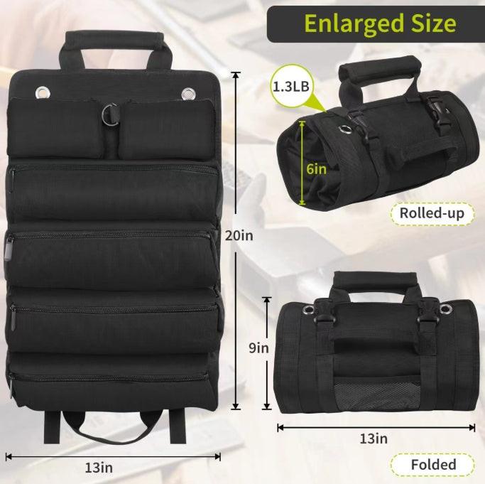 Black Heavy-Duty Roll-Up Tool Bag Organizer - Waterproof 1200D Fabric with 6 Pockets & Detachable Pouches.