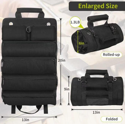 Black Heavy-Duty Roll-Up Tool Bag Organizer - Waterproof 1200D Fabric with 6 Pockets & Detachable Pouches.