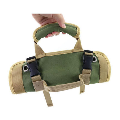 Black Heavy-Duty Roll-Up Tool Bag Organizer - Waterproof 1200D Fabric with 6 Pockets & Detachable Pouches.