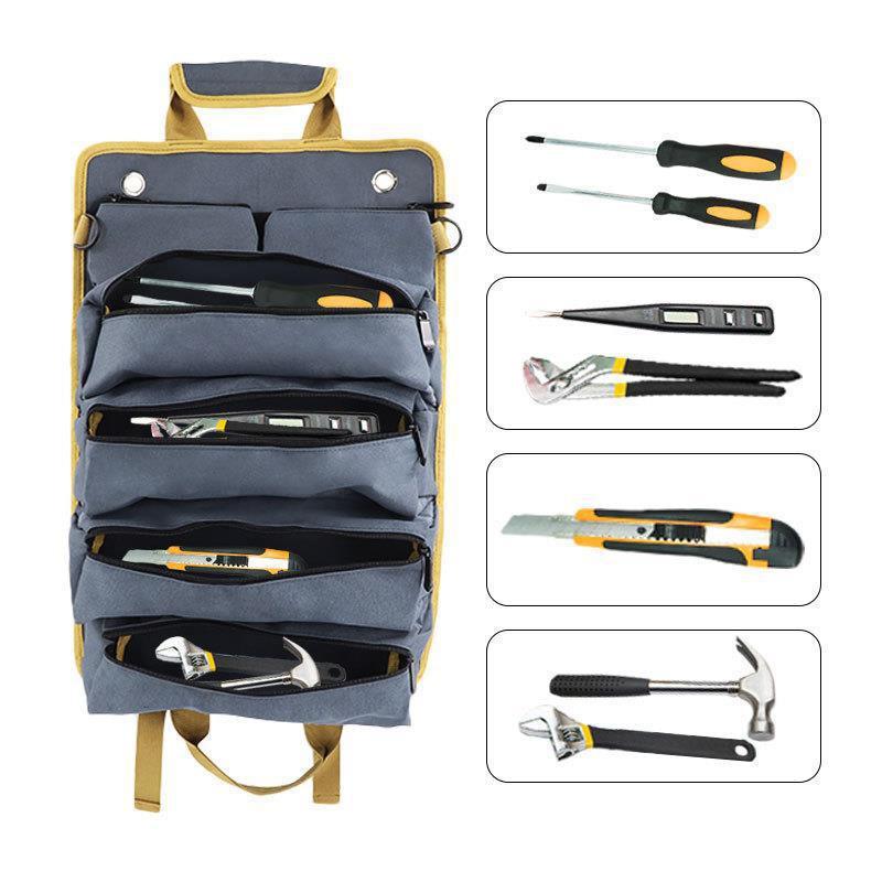 Black Heavy-Duty Roll-Up Tool Bag Organizer - Waterproof 1200D Fabric with 6 Pockets & Detachable Pouches.