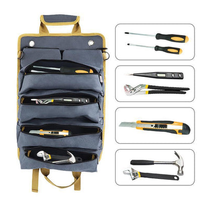 Black Heavy-Duty Roll-Up Tool Bag Organizer - Waterproof 1200D Fabric with 6 Pockets & Detachable Pouches.