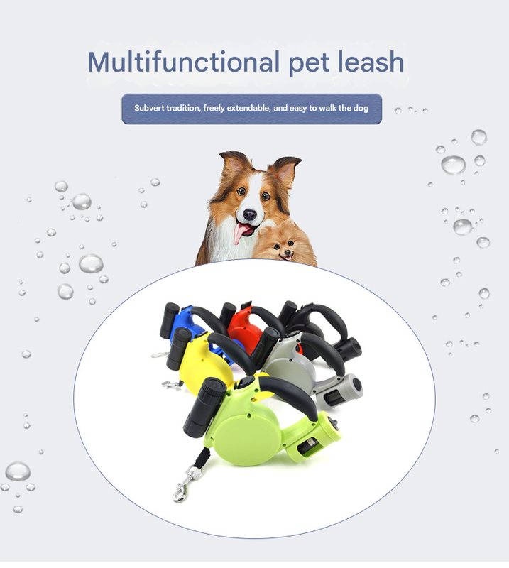 Blue 3-in-1 Retractable Dog Leash with LED Flashlight & Poop Bag Dispenser | Heavy Duty Tangle-Free Leash for Safe Night Walks