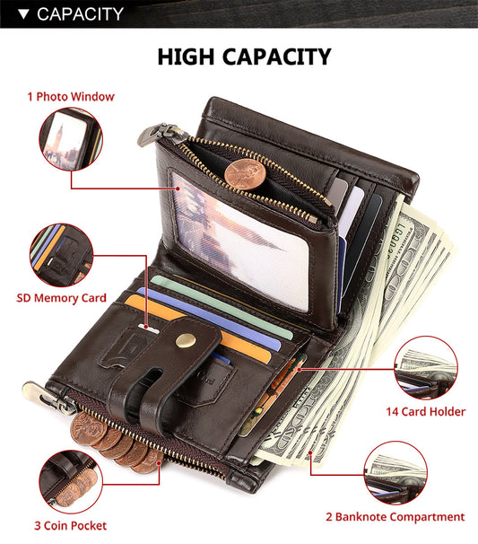 Coffee Genuine Leather Men's RFID Blocking Wallet - High Capacity Trifold with Zipper Coin Pocket