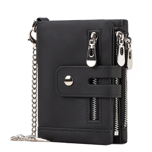 Black Genuine Leather Men's RFID Blocking Wallet - High Capacity Trifold with Zipper Coin Pocket