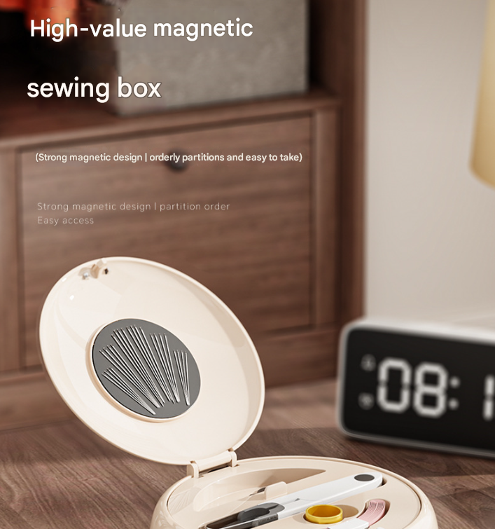 Cream color Modern Portable Sewing Kit - All-in-One Compact Organizer with Magnetic Pin Cushion for Home & Travel.