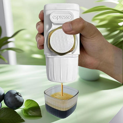White Portable Hand Press Espresso Machine - Compatible with Espresso Capsules and Ground Coffee for Home, Travel, and Outdoor Use.