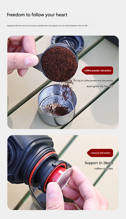 White Portable Hand Press Espresso Machine - Compatible with Espresso Capsules and Ground Coffee for Home, Travel, and Outdoor Use.