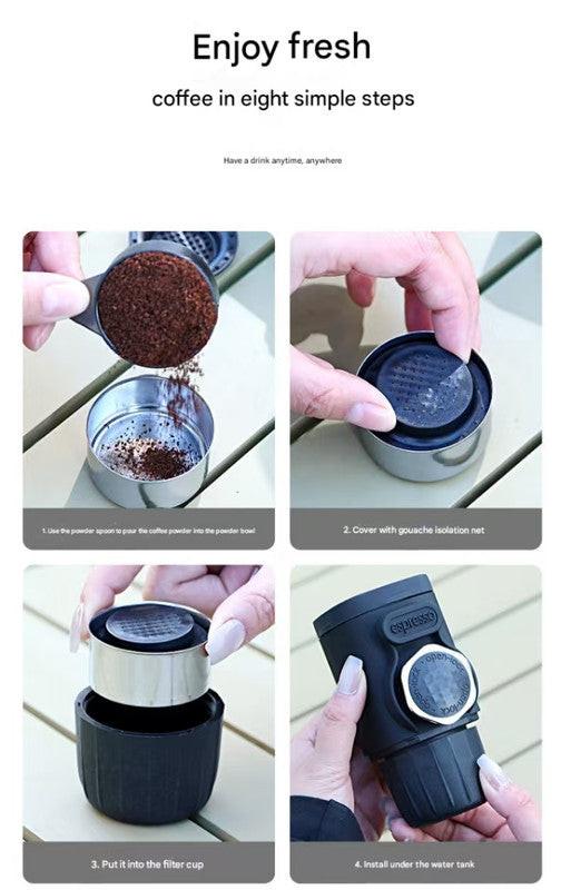 White Portable Hand Press Espresso Machine - Compatible with Espresso Capsules and Ground Coffee for Home, Travel, and Outdoor Use.
