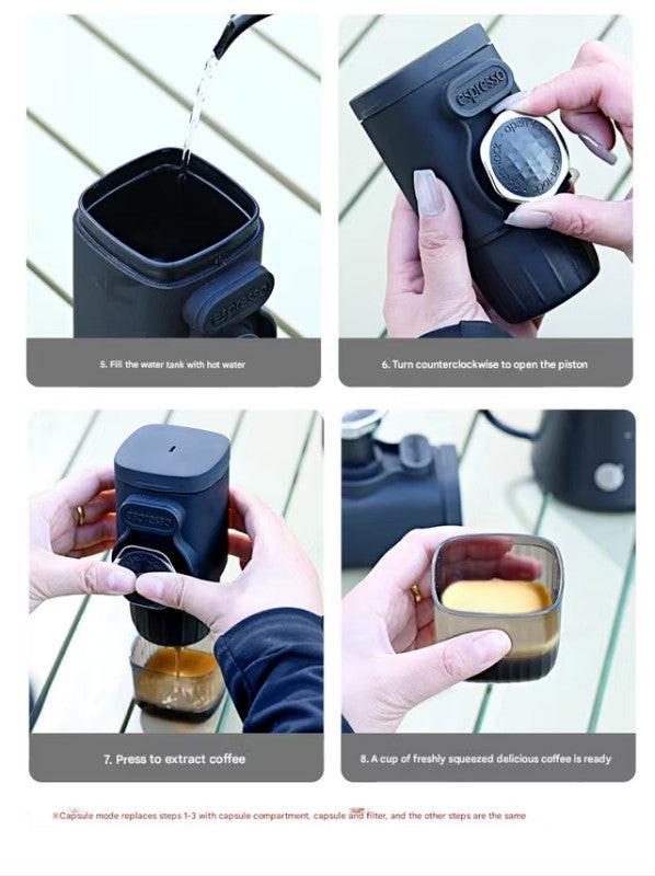 White Portable Hand Press Espresso Machine - Compatible with Espresso Capsules and Ground Coffee for Home, Travel, and Outdoor Use.
