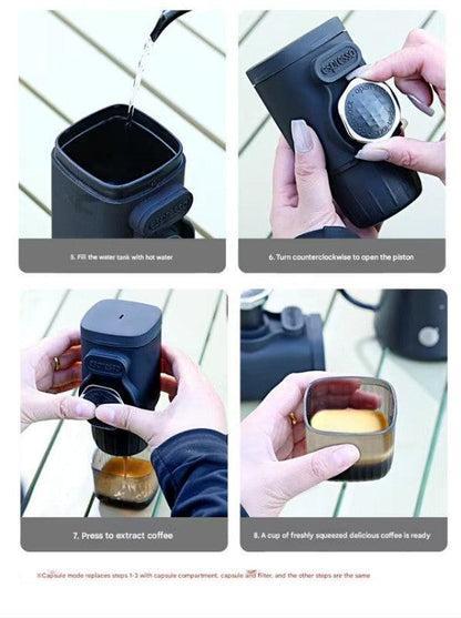 White Portable Hand Press Espresso Machine - Compatible with Espresso Capsules and Ground Coffee for Home, Travel, and Outdoor Use.