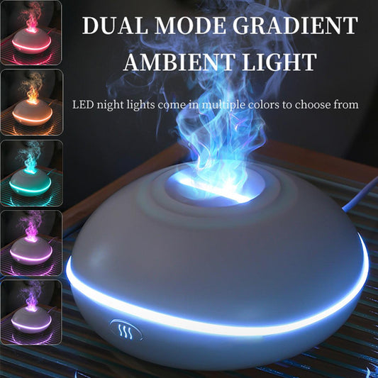 White Mini USB Aromatherapy Diffuser with Flame Projection - Portable Humidifier for Home and Car Use.