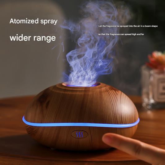 Wood grain Mini USB Aromatherapy Diffuser with Flame Projection - Portable Humidifier for Home and Car Use.