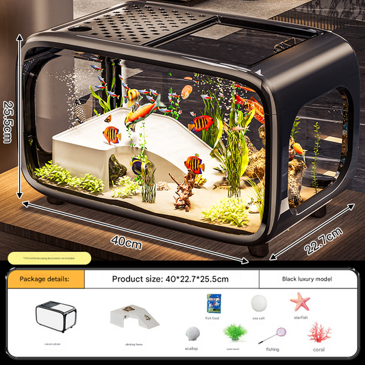 Black  Modern Desktop Aquarium & Turtle Tank - Panoramic Viewing Fish Tank with Basking Platform & Lid.