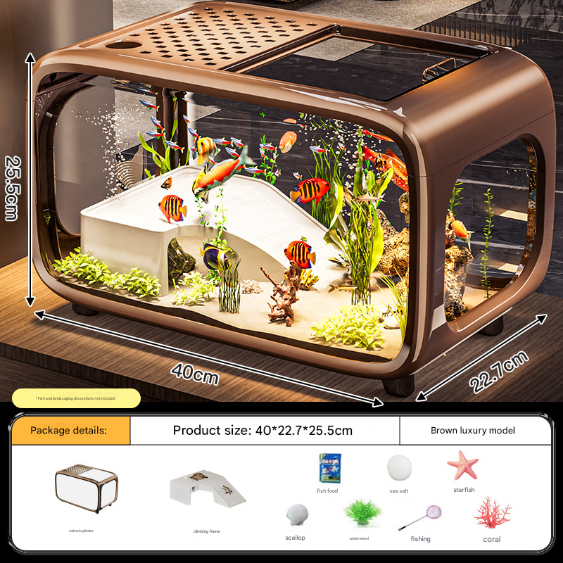 Brown  Modern Desktop Aquarium & Turtle Tank - Panoramic Viewing Fish Tank with Basking Platform & Lid.
