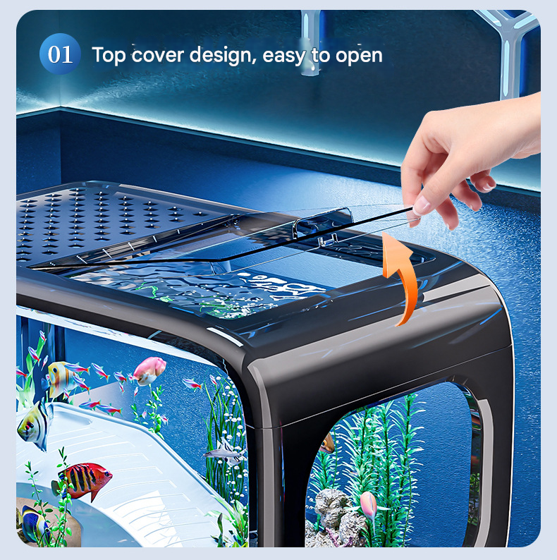 Brown  Modern Desktop Aquarium & Turtle Tank - Panoramic Viewing Fish Tank with Basking Platform & Lid.