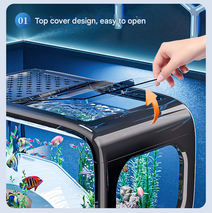 Brown  Modern Desktop Aquarium & Turtle Tank - Panoramic Viewing Fish Tank with Basking Platform & Lid.