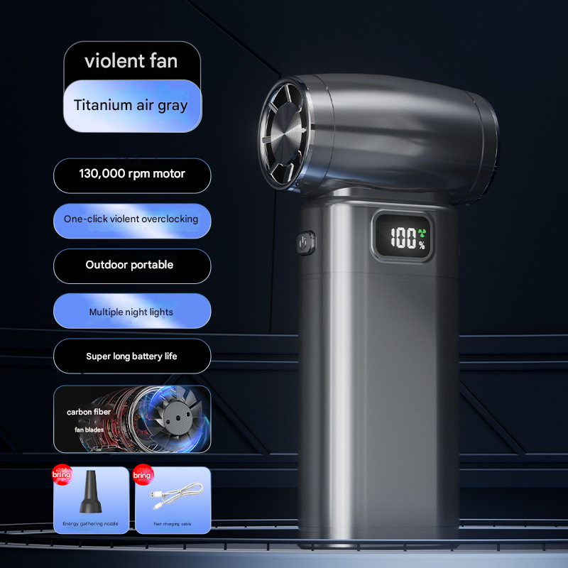 Black Portable High-Speed Turbo Fan & Air Duster - 130,000 RPM Brushless Motor, Rechargeable Blower.