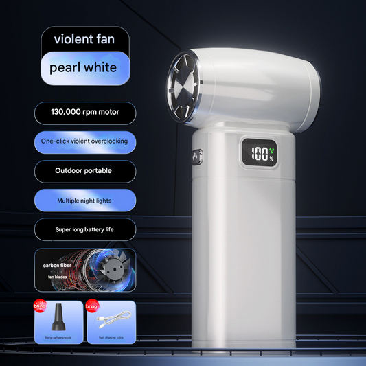 White Portable High-Speed Turbo Fan & Air Duster - 130,000 RPM Brushless Motor, Rechargeable Blower.