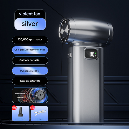 Silver Portable High-Speed Turbo Fan & Air Duster - 130,000 RPM Brushless Motor, Rechargeable Blower.