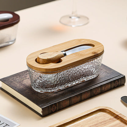 Natural wood color - stripes Elegant Glass Butter Dish with Wooden Lid & Matching Spreader - Sealed Butter Keeper for Freshness