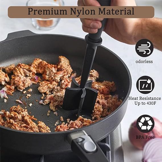 3-pieces Black Premium Heat Resistant Meat Chopper - Ground Meat Masher Utensil for Hamburger & Non-Stick Pans