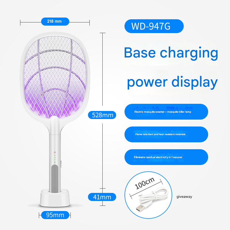 White Rechargeable 2-in-1 Bug Zapper Racket - Electric Fly Swatter & UV Mosquito Lamp with Charging Base.
