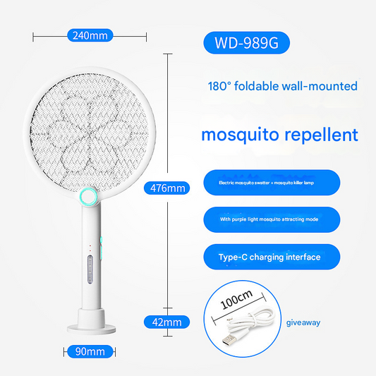 White Rechargeable 2-in-1 Bug Zapper Racket - Electric Fly Swatter & UV Mosquito Lamp with Charging Base.