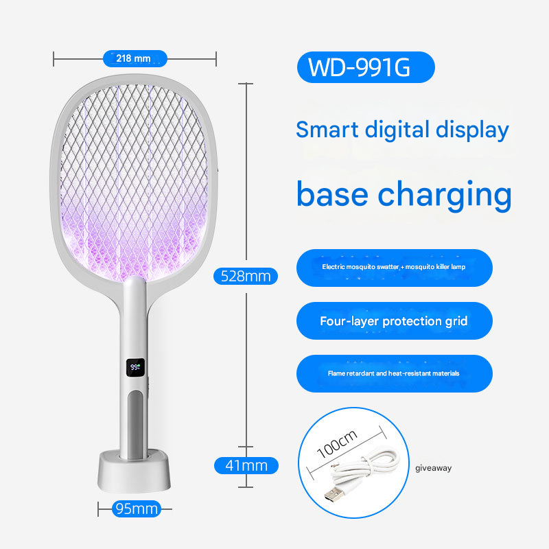White Rechargeable 2-in-1 Bug Zapper Racket - Electric Fly Swatter & UV Mosquito Lamp with Charging Base.