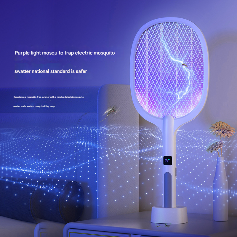 White Rechargeable 2-in-1 Bug Zapper Racket - Electric Fly Swatter & UV Mosquito Lamp with Charging Base.