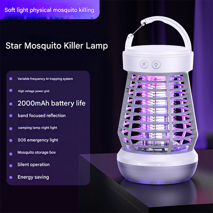 White Rechargeable 3-in-1 Bug Zapper Lantern - Portable UV Mosquito Killer with Camping Light & SOS Mode.