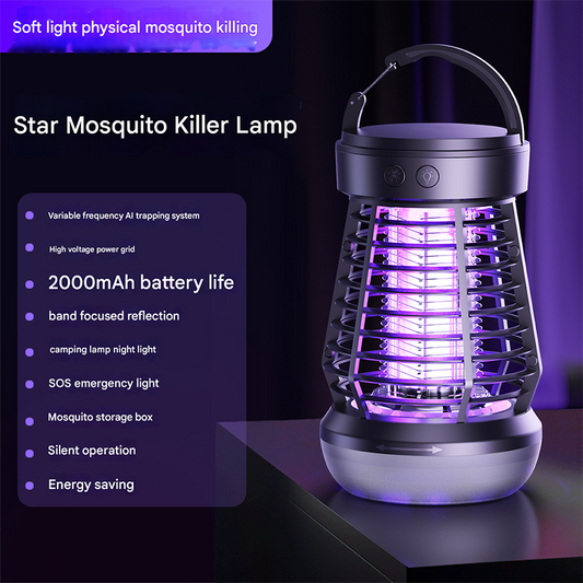 Black Rechargeable 3-in-1 Bug Zapper Lantern - Portable UV Mosquito Killer with Camping Light & SOS Mode.