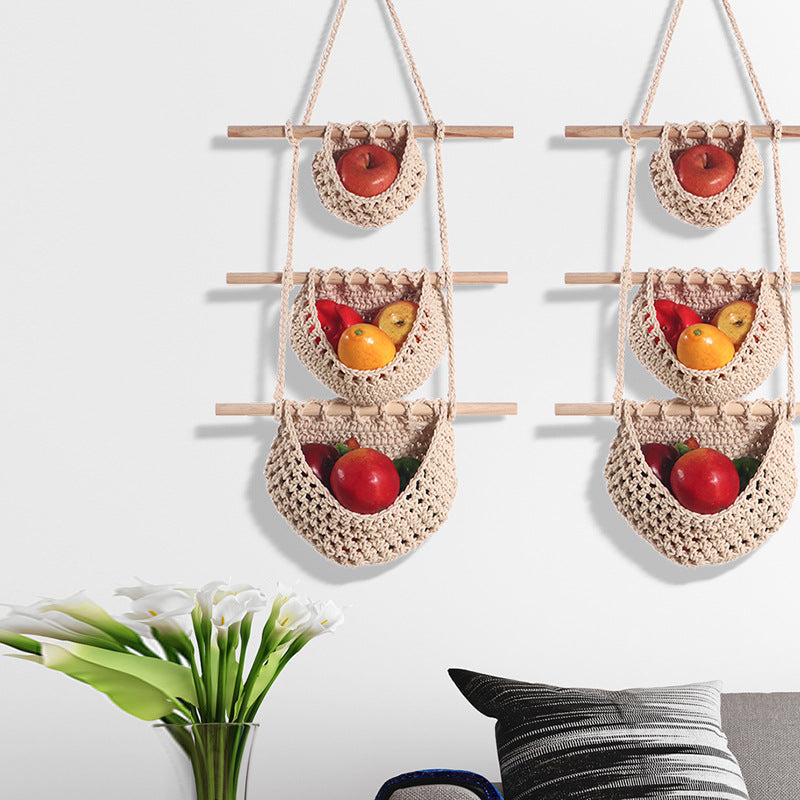 Single-layer hemp rope style Bohemian Hanging Fruit Basket – Wall-Mounted Woven Storage Net Pocket for Kitchen & Home Decor