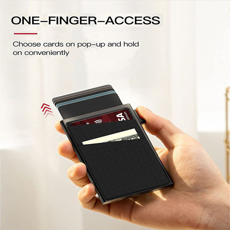 Blue Ultra-Slim RFID Blocking Pop-Up Wallet - Automatic Card Holder with Metal Case & Secure Screw Base