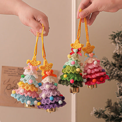 2 Pcs Handmade Crochet Christmas Tree Ornament - Plush Knitted Decoration with Bell - Ideal for Home, Car & Holiday Decor(Style G)