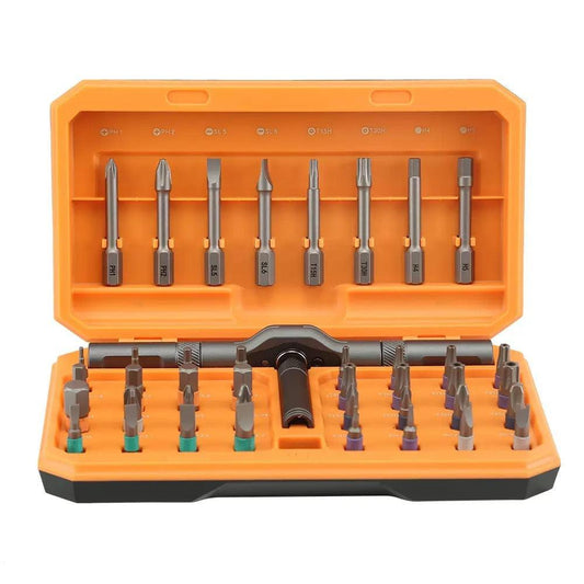 A 42-piece set Orange Insulated Screwdriver Set - Multi-Bit Electrician's Tool Kit with Magnetic Tips & Quick-Change Handle.