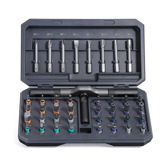 A 42-piece set Black Insulated Screwdriver Set - Multi-Bit Electrician's Tool Kit with Magnetic Tips & Quick-Change Handle.