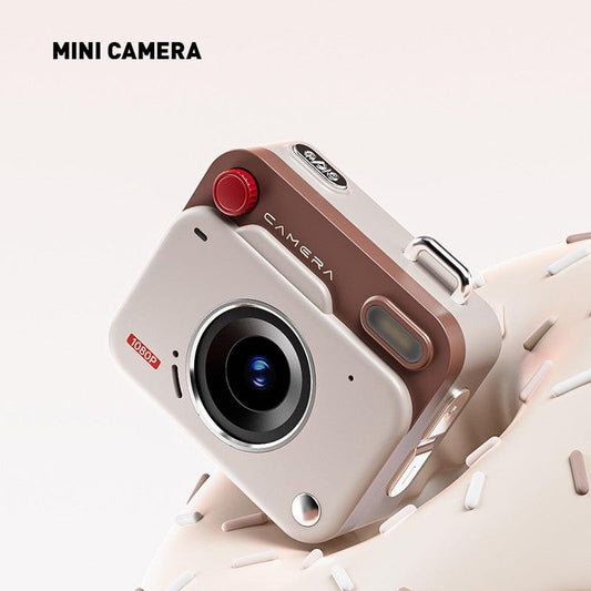 Khaki brown Retro Mini Digital Camera Keychain - 48MP Portable Pocket Camcorder with 1080p HD Video.