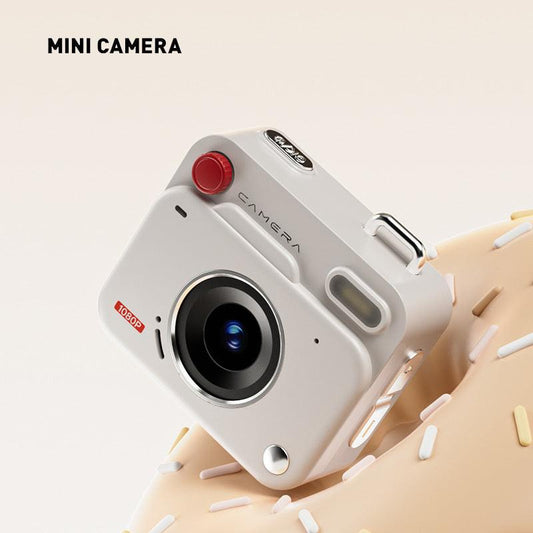 White Retro Mini Digital Camera Keychain - 48MP Portable Pocket Camcorder with 1080p HD Video.