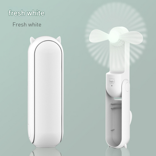 White 2-in-1 Foldable Mini Fan & Power Bank - Ultra-Compact USB Rechargeable Personal Fan.