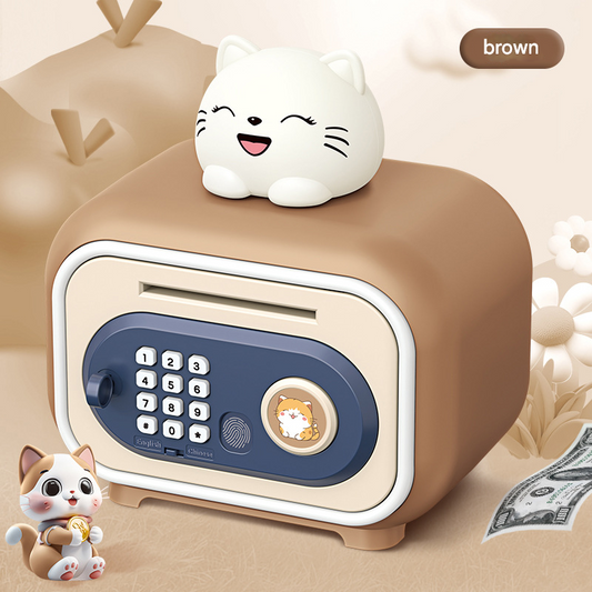 Brown Electronic Piggy Bank Safe for Kids - Automatic Rolling Money Box with PIN & Fingerprint Lock.