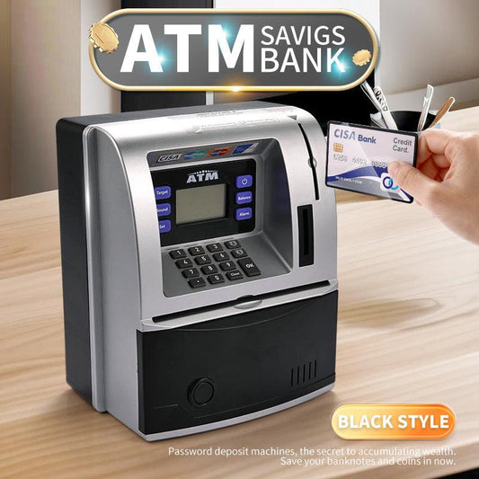 Black Digital ATM Savings Bank for Kids - Electronic Piggy Bank with PIN & Card for Real Money.