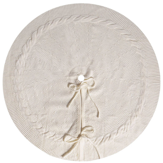 White Luxury Knit Christmas Tree Skirt with Cable-Knit Border - Rustic Holiday Decor(92cm)