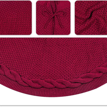 Red Luxury Knit Christmas Tree Skirt with Cable-Knit Border - Rustic Holiday Decor(122cm)