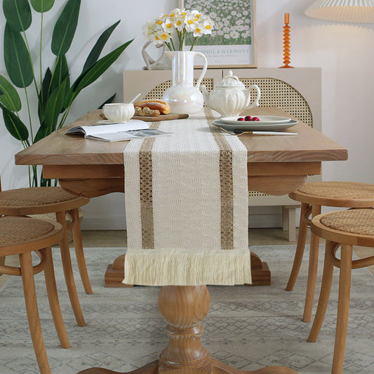 2-PCS Double bars Bohemian Woven Table Runner with Tassels - Rustic Farmhouse Decor for Dining & Coffee Tables